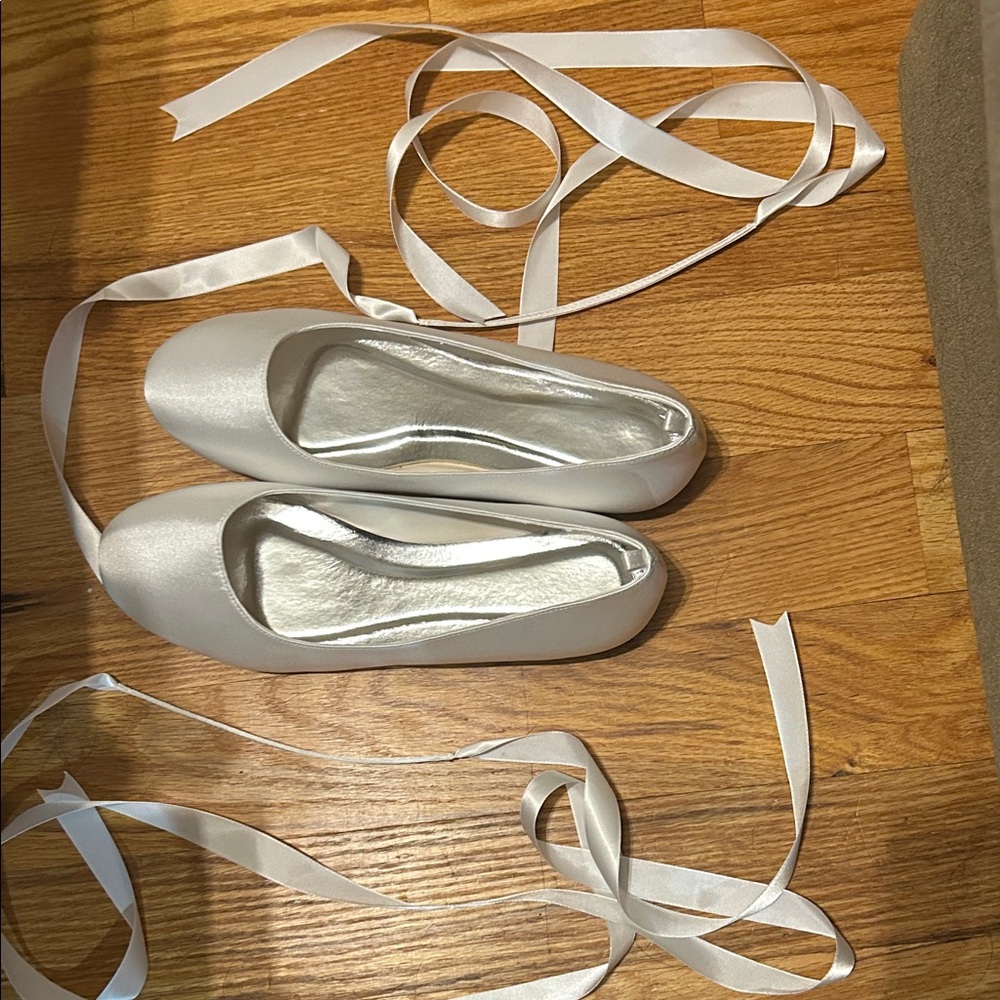 JJs House Ivory Satin Ballet Flats with Ribbon